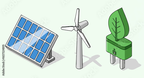 Isometric set of eco-friendly energy solutions with solar panel, wind turbine, and leaf plug