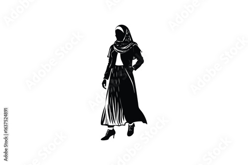 stylish elegant modern detailed professional high quality Elegant Woman in Silhouette Style with High Heeled Shoes and Pleated Skirt Exuding Confidence with Her Hand on Her Hip