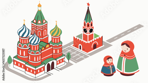 Isometric Illustration of Moscow Landmarks and Matryoshka Dolls.