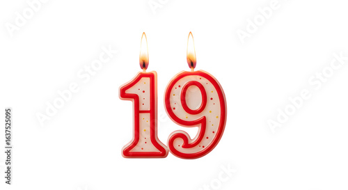 Burning nineteen birthday candles with red trim and white fill on a black background isolated image