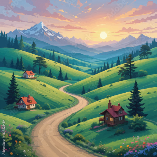 Sunlit Morning Over Wildflower Meadows with Forest Edge, Stone Path, and House in the Distance