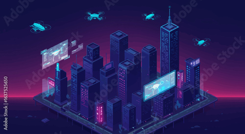 Digital smart city concept with a neon urban landscape, data interfaces, and AI drones