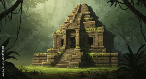 Ancient stone temple ruins overgrown with moss, hidden deep within a dense jungle.