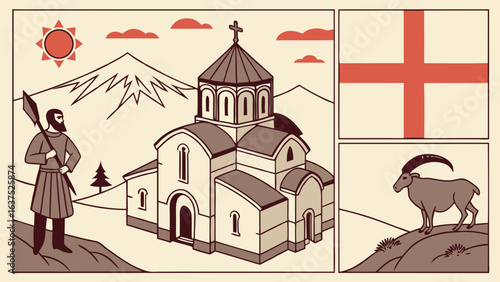 Stylized Illustration of Church Soldier Flag and Ibex in Panels.