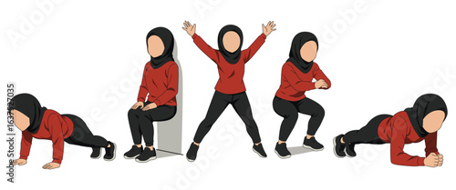 Illustrations muslim woman in hijab performing workout activities. Female woman doing jumping jacks, wall sit, plank, mountain climbers and squat exercises. Vector girl promoting healthy lifestyle.