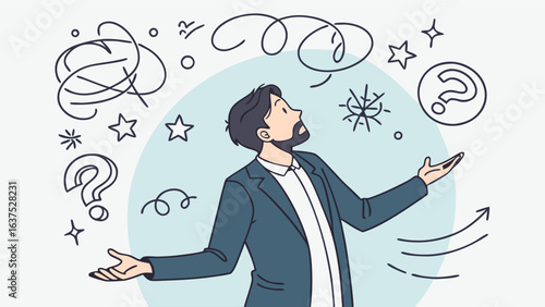 Businessman contemplating ideas surrounded by question marks and abstract shapes.
