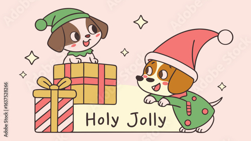 Cartoon Dogs in Christmas Hats with Gifts and Holy Jolly Text.