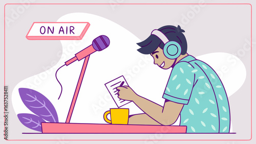 Cartoon podcaster with microphone headphones script and coffee mug.