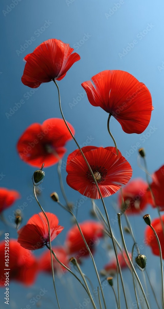 Obraz premium Vivid red poppies against a clear blue sky