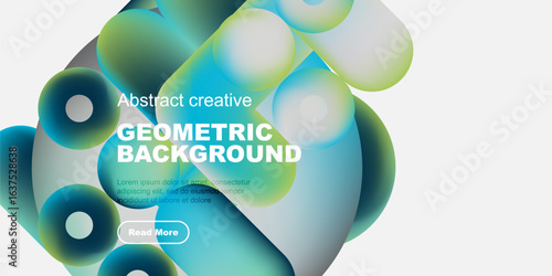 Abstract shapes, vibrant colors, geometric design. Modern background with text, button for more info. Clean, simple presentation.