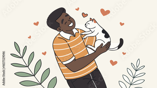 Happy Man Holding a Cat with Love.