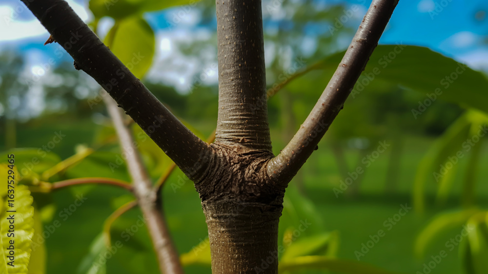Fototapeta premium Close up of a young tree branch with green leaves and a blurred background of grass and sky