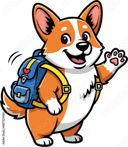 Happy cartoon corgi dog student with a backpack waving its paw. Adorable puppy mascot character ready for school or a journey. Vector graphic.