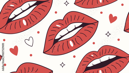 Seamless Pattern of Red Lips Hearts Dots and Squares on White Background.