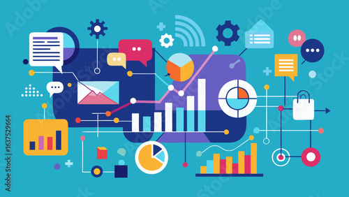 Wallpaper Mural Illustration of data analytics with charts graphs and communication icons on a blue background Torontodigital.ca