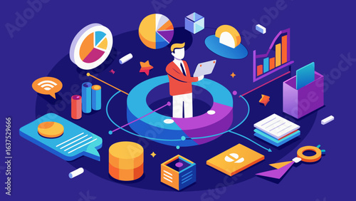 Isometric Illustration of Man with Tablet Surrounded by Data Charts and Graphical Elements