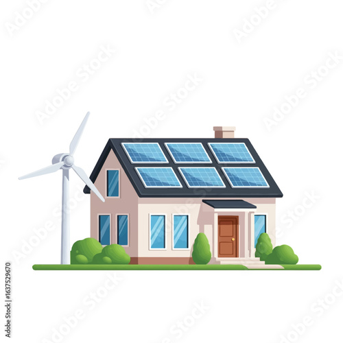Cartoon house with solar panels on the roof and a wind turbine in the yard, showcasing sustainable energy.