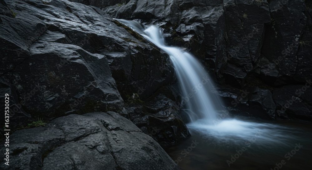Obraz premium Serene Waterfall Cascading Over Dark Rocks: Nature Photography