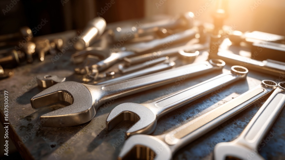Fototapeta premium Close-up view of neatly arranged mechanical tools on a workbench, showcasing metallic textures under soft lighting.