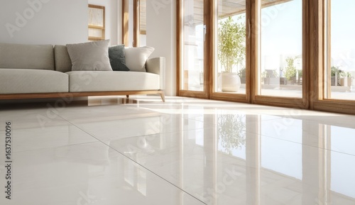 Modern living room with bright, glossy white tiles