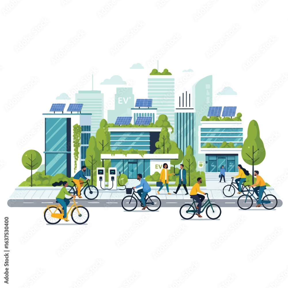 Obraz premium Illustration of a sustainable city with people cycling and walking near modern buildings.