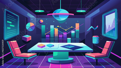 Illustration of a futuristic meeting room with data charts and graphs on the wall display screens