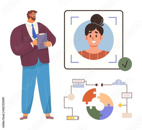 Manager holds clipboard near profile picture with green checkmark, workflow diagram, and process chart. Ideal for teamwork, management, project planning, profile verification, HR process, analytics