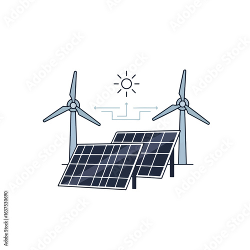 Illustration of solar panels and wind turbines generating clean energy under the sun, connected by power lines.