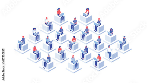 Isometric view of people sitting on blocks using laptops in a grid arrangement on a white background