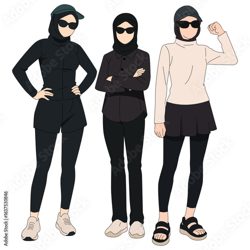 Set muslim women engaging fitness and athletic activities. Female wearing hijab in bold urban outfits with sunglasses. Flat vector illustrations arabic girl promoting healthy lifestyle.
