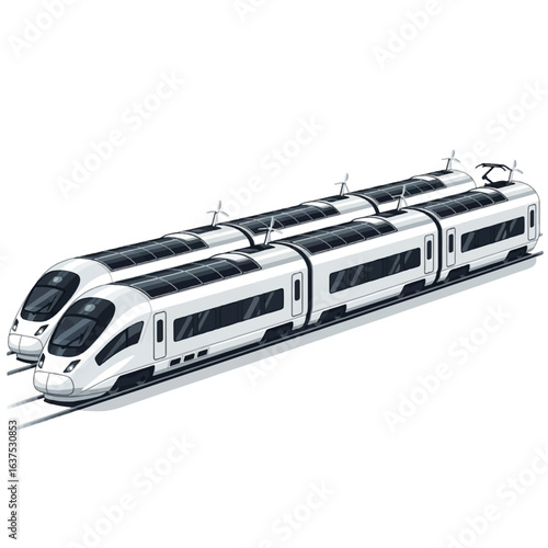 Modern, white high-speed train carriages in a row on tracks.