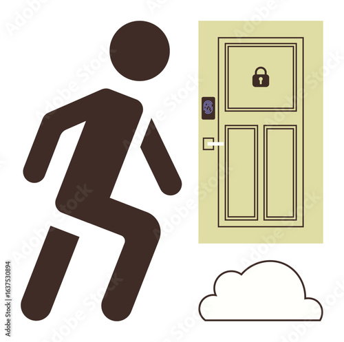 Simplified figure walking towards a locked door with a fingerprint scanner, accompanied by a cloud icon. Ideal for security, biometrics, access control, technology, privacy, cloud storage, simple