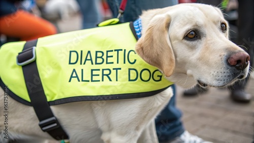 Diabetic Alert Dog in Yellow Vest at Outdoor Event with Crowd