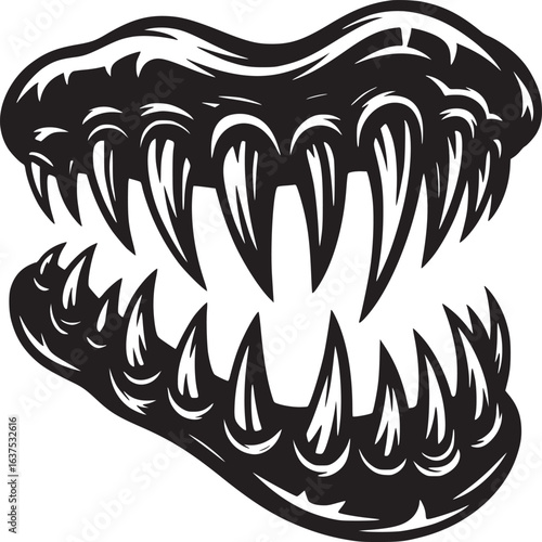 Illustration of a reptile mouth with sharp teeth in black and white on a plain background