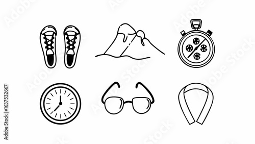 Line drawing of running shoes mountain stopwatch clock glasses and ribbon icon set for outdoor activity created with generated ai