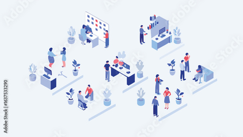 Isometric office space with employees working at desks and collaborating on projects together