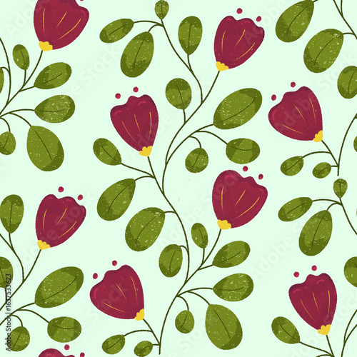 seamless pattern with red flower and leaves