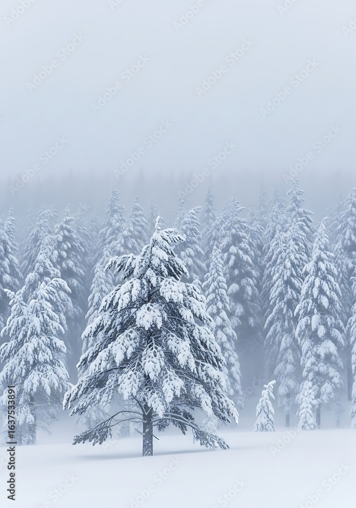 Obraz premium Snow-Covered Evergreen Forest in Winter, Misty Landscape