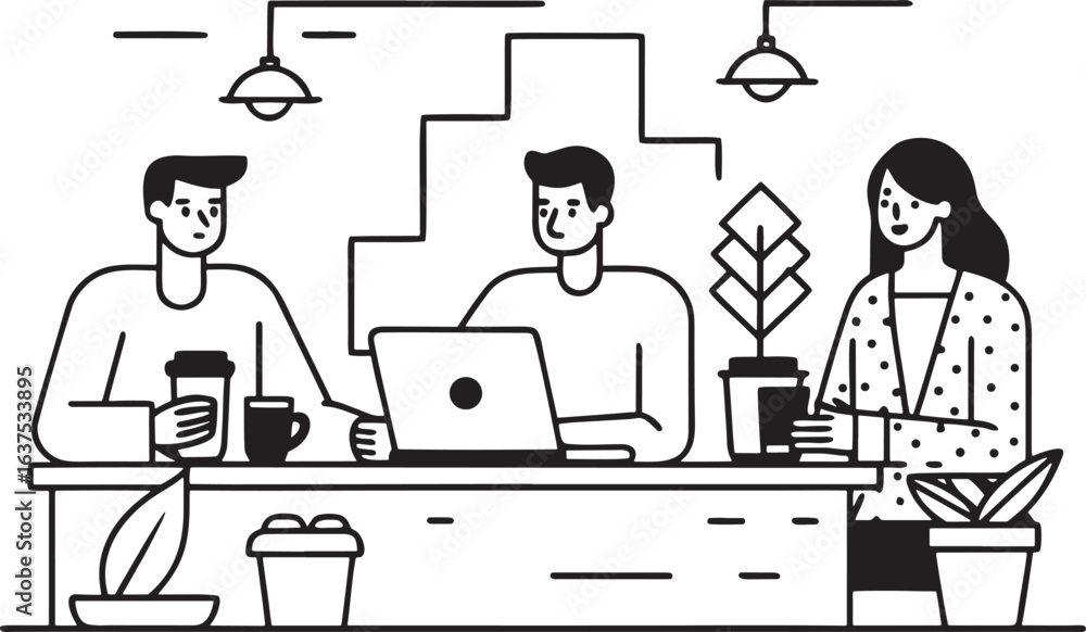 Fototapeta premium Three people sitting at a counter with laptops and coffee cups computer