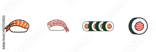 Four different types of sushi, including shrimp nigiri and maki rolls, are arranged in a row on a transparent background