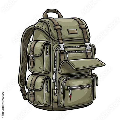An illustrated, detailed, olive-green backpack with multiple pockets, zippers, and straps.