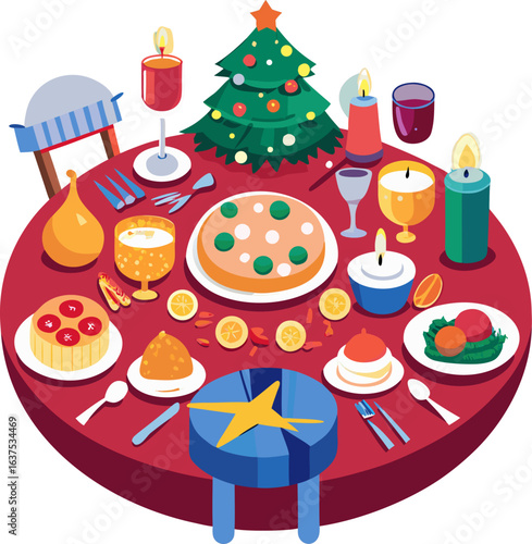 Round table with Christmas dinner stock illustration