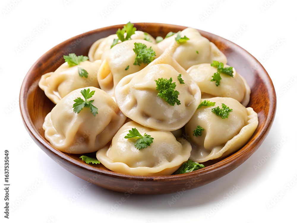 Delicious Homemade Pelmeni Dumplings in Wooden Bowl Garnished with Fresh Parsley Ready to Serve a Hearty Comfort Food Delicious Homemade Pelmeni Dumplings in Wooden Bowl Garnished with Fresh Parsley Ready to Serve a Hearty Comfort Food