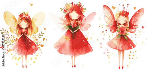 digital colorful vibrant crisp clean stylish elegant modern detailed professional high quality Three Watercolor Fairies in Red Dresses and Floral Crowns