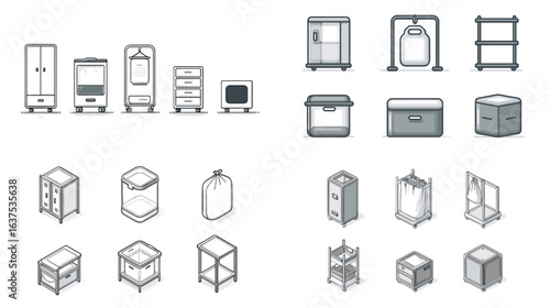 Hand-drawn storage furniture illustration set featuring wardrobes, dressers, shelves, and storage boxes in minimalist modern style. Perfect for home organization and decor.


