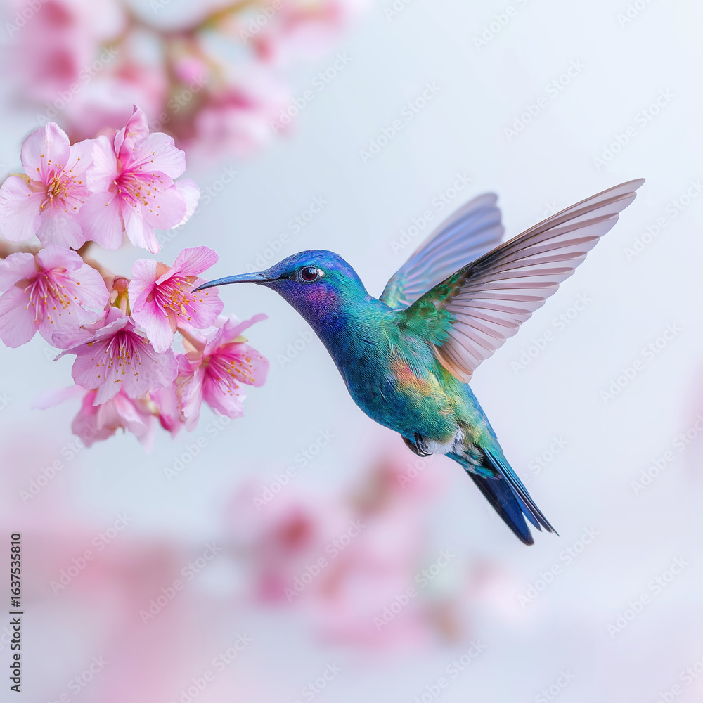 Fototapeta premium iridescent hummingbird hovering mid-air sipping nectar from soft pink blossoms, wings frozen in motion against white background, vivid spring floral detail with delicate feathers