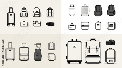 Travel luggage and bag illustration set featuring suitcases, backpacks, handbags, and camera cases in modern hand-drawn style. Ideal for tourism and adventure themes.

