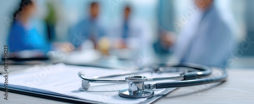 Medical documents and stethoscope on a desk. Blurred medical professionals in background