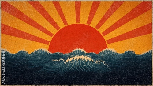 Retro sun rising over waves