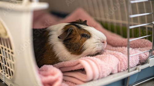 Adorable guinea pig resting in cozy pet carrier with soft blanket